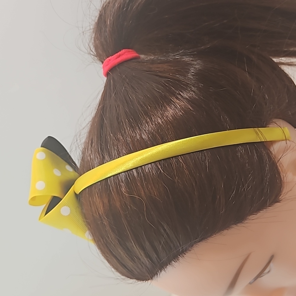 Hand Crafted Handmade Bow Hairband Yellow white polka-dot black contrast ribbon - Picture 4 of 17